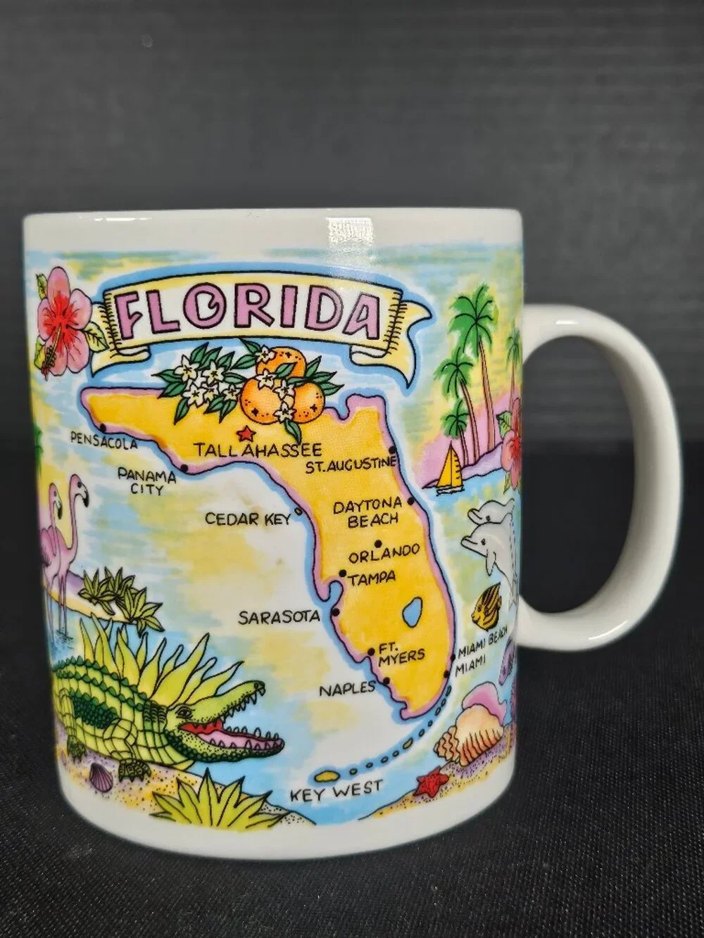 Florida Souvenir Coffee Mug Retro Map Design With Alligators Flamingos & Cities